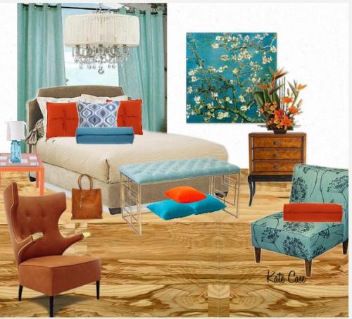 blue and orange room design by Kate Case, owner of Kate's Home Staging and Redesign