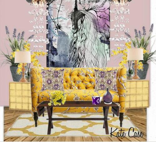 yellow and violet room design by Kate Case, Orange County top home decorator